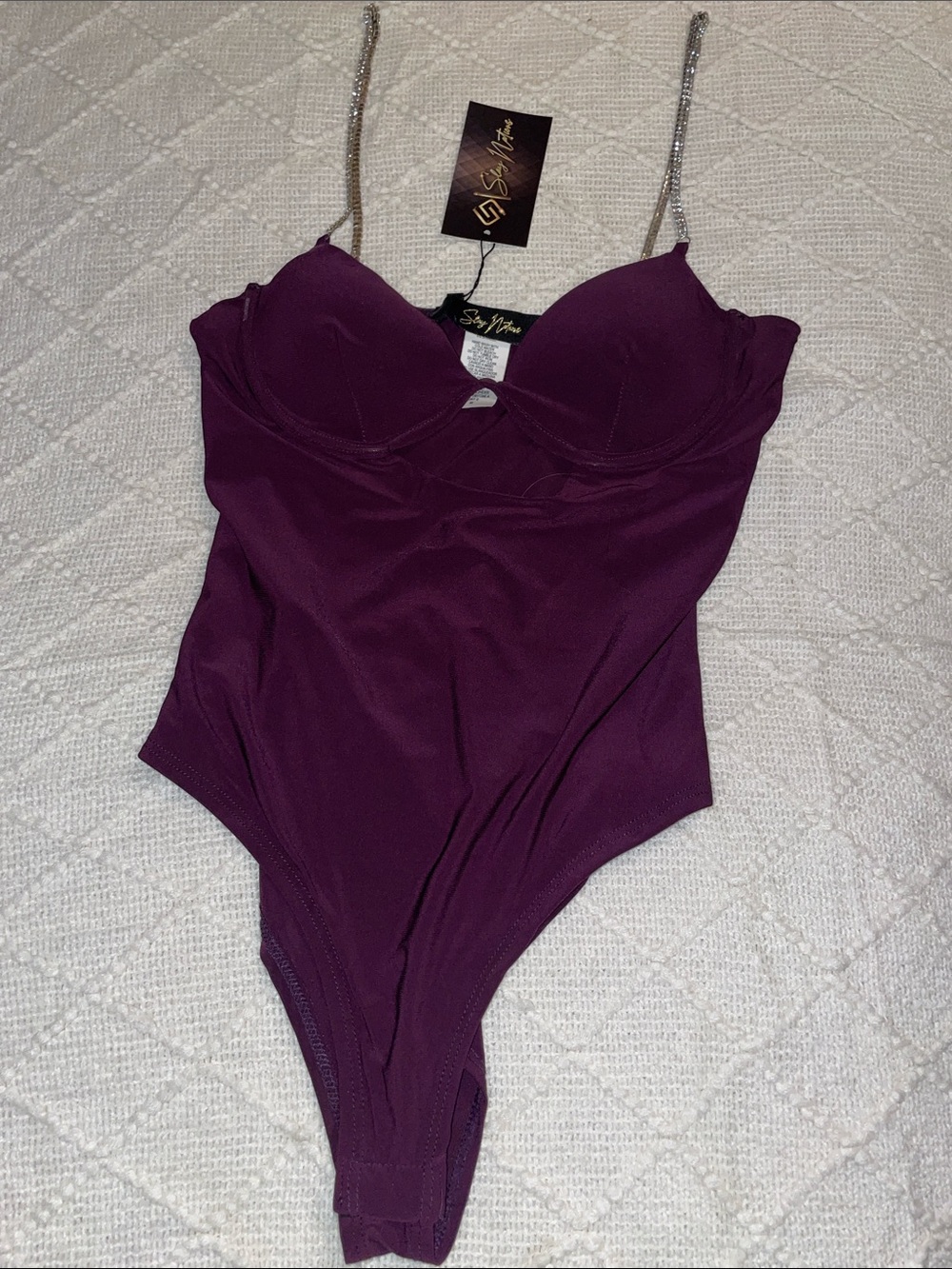 Embellished-Strap Purple Bodysuit with Underwire Support